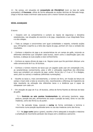 196
11 - No campo, em situações de competição de Pitch&Putt (com os tees de saída
avançados) e 9 buracos, utiliza de forma adequada as acções técnicas de Pancada longa,
Chipp e Putt de modo a terminar cada buraco com o menor número de pancadas.
NÍVEL AVANÇADO
O aluno:
1 - Coopera com os companheiros e cumpre as regras de segurança e disciplina
estabelecidas, nas situações de exercício e de jogo, respeitando a sua integridade física
e a dos colegas.
2 - Trata os colegas e concorrentes com igual cordialidade e respeito, evitando acções
que, infringindo o espírito ou a letra das regras do jogo, ponham em risco a verdade dos
resultados.
3 - Conhece o objectivo do jogo e as características de um campo de golfe, incluindo os
diferentes elementos que compõem cada buraco, assim como a classificação (par) dos
buracos, e adequa as suas acções a esse conhecimento.
4 - Conhece as regras oficiais de jogo e as Regras Locais que lhe permitam efectuar uma
volta convencional de 9 ou 18 buracos.
5 - Conhece o número máximo de tacos que um jogador pode usar em competição (14),
as características (comprimento, peso e loft) e utilizações específicas dos diferentes
tacos que compõem um conjunto de jogo: putter, ferros (do n.º 4 ao n.º 9 e Wedges,
sand, pitch ou outros) e madeiras (diferentes numerações).
6 - Escolhe os tacos e, mais concretamente, o número do ferro, em função da leitura do
campo e local onde a bola se encontra (lie), reconhecendo a diferença de trajectória da
bola resultante da utilização dos diferentes tacos e a distância que é capaz de
ultrapassar com cada um.
7 - Em situação de jogo de 9 ou 18 buracos, utiliza de forma fluente as técnicas de base
do golfe:
7.1 - Controla os seis pontos fundamentais do pré-swing (pontaria, pega,
postura, posição dos pés, alinhamento do corpo e posição da bola), tanto no uso das
madeiras, como dos ferros ou do putter.
7.2 - Na pancada longa, executa o swing de forma controlada e termina o
movimento numa posição equilibrada tanto no uso das madeiras como dos ferros.
7.3 - No jogo curto (para o green), escolhe o ferro adequado à situação e relaciona
a amplitude do movimento pendular dos braços com a distância a percorrer.
 
