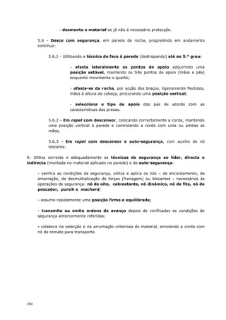 200
- desmonta o material se já não é necessário protecção.
5.6 - Desce com segurança, em parede de rocha, progredindo em andamento
contínuo:
5.6.1 - Utilizando a técnica de face à parede (destrepando) até ao 5.° grau:
- afasta lateralmente os pontos de apoio adquirindo uma
posição estável, mantendo os três pontos de apoio (mãos e pés)
enquanto movimenta o quarto;
- afasta-se da rocha, por acção dos braços, ligeiramente flectidos,
mãos à altura da cabeça, procurando uma posição vertical;
- selecciona o tipo de apoio dos pés de acordo com as
características das presas.
5.6.2 - Em rapel com descensor, colocando correctamente a corda, mantendo
uma posição vertical à parede e controlando a corda com uma ou ambas as
mãos.
5.6.3 - Em rapel com descensor e auto-segurança, com auxílio de nó
blocante.
6- Utiliza correcta e adequadamente as técnicas de segurança ao líder, directa e
indirecta (montada no material aplicado na parede) e de auto-segurança:
- verifica as condições de segurança, utiliza e aplica os nós – de encordamento, de
amarração, de desmultiplicação de forças (frenagem) ou blocantes - necessários às
operações de segurança: nó de oito, cabrestante, nó dinâmico, nó de fita, nó de
pescador, pursik e machard;
- assume rapidamente uma posição firme e equilibrada;
- transmite ou emite ordens de avanço depois de verificadas as condições de
segurança anteriormente referidas;
- colabora na selecção e na arrumação criteriosa do material, enrolando a corda com
nó de remate para transporte.
 