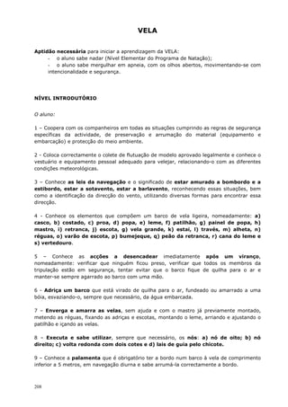 208
VELA
Aptidão necessária para iniciar a aprendizagem da VELA:
- o aluno sabe nadar (Nível Elementar do Programa de Natação);
- o aluno sabe mergulhar em apneia, com os olhos abertos, movimentando-se com
intencionalidade e segurança.
NÍVEL INTRODUTÓRIO
O aluno:
1 – Coopera com os companheiros em todas as situações cumprindo as regras de segurança
específicas da actividade, de preservação e arrumação do material (equipamento e
embarcação) e protecção do meio ambiente.
2 - Coloca correctamente o colete de flutuação de modelo aprovado legalmente e conhece o
vestuário e equipamento pessoal adequado para velejar, relacionando-o com as diferentes
condições meteorológicas.
3 – Conhece as leis da navegação e o significado de estar amurado a bombordo e a
estibordo, estar a sotavento, estar a barlavento, reconhecendo essas situações, bem
como a identificação da direcção do vento, utilizando diversas formas para encontrar essa
direcção.
4 - Conhece os elementos que compõem um barco de vela ligeira, nomeadamente: a)
casco, b) costado, c) proa, d) popa, e) leme, f) patilhão, g) painel de popa, h)
mastro, i) retranca, j) escota, g) vela grande, k) estai, l) través, m) alheta, n)
réguas, o) varão de escota, p) bumejeque, q) peão da retranca, r) cana do leme e
s) vertedouro.
5 – Conhece as acções a desencadear imediatamente após um viranço,
nomeadamente: verificar que ninguém ficou preso, verificar que todos os membros da
tripulação estão em segurança, tentar evitar que o barco fique de quilha para o ar e
manter-se sempre agarrado ao barco com uma mão.
6 - Adriça um barco que está virado de quilha para o ar, fundeado ou amarrado a uma
bóia, esvaziando-o, sempre que necessário, da água embarcada.
7 – Enverga e amarra as velas, sem ajuda e com o mastro já previamente montado,
metendo as réguas, fixando as adriças e escotas, montando o leme, arriando e ajustando o
patilhão e içando as velas.
8 – Executa e sabe utilizar, sempre que necessário, os nós: a) nó de oito; b) nó
direito; c) volta redonda com dois cotes e d) lais de guia pelo chicote.
9 – Conhece a palamenta que é obrigatório ter a bordo num barco à vela de comprimento
inferior a 5 metros, em navegação diurna e sabe arrumá-la correctamente a bordo.
 