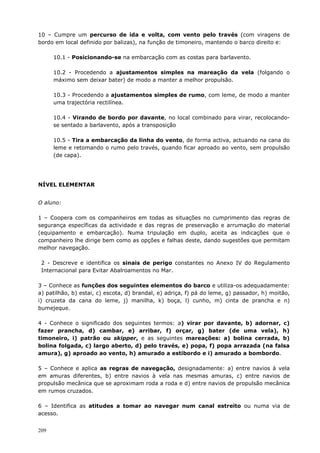 209
10 – Cumpre um percurso de ida e volta, com vento pelo través (com viragens de
bordo em local definido por balizas), na função de timoneiro, mantendo o barco direito e:
10.1 - Posicionando-se na embarcação com as costas para barlavento.
10.2 - Procedendo a ajustamentos simples na mareação da vela (folgando o
máximo sem deixar bater) de modo a manter a melhor propulsão.
10.3 - Procedendo a ajustamentos simples de rumo, com leme, de modo a manter
uma trajectória rectilínea.
10.4 - Virando de bordo por davante, no local combinado para virar, recolocando-
se sentado a barlavento, após a transposição
10.5 - Tira a embarcação da linha do vento, de forma activa, actuando na cana do
leme e retomando o rumo pelo través, quando ficar aproado ao vento, sem propulsão
(de capa).
NÍVEL ELEMENTAR
O aluno:
1 – Coopera com os companheiros em todas as situações no cumprimento das regras de
segurança específicas da actividade e das regras de preservação e arrumação do material
(equipamento e embarcação). Numa tripulação em duplo, aceita as indicações que o
companheiro lhe dirige bem como as opções e falhas deste, dando sugestões que permitam
melhor navegação.
2 - Descreve e identifica os sinais de perigo constantes no Anexo IV do Regulamento
Internacional para Evitar Abalroamentos no Mar.
3 – Conhece as funções dos seguintes elementos do barco e utiliza-os adequadamente:
a) patilhão, b) estai, c) escota, d) brandal, e) adriça, f) pá do leme, g) passador, h) moitão,
i) cruzeta da cana do leme, j) manilha, k) boça, l) cunho, m) cinta de prancha e n)
bumejeque.
4 - Conhece o significado dos seguintes termos: a) virar por davante, b) adornar, c)
fazer prancha, d) cambar, e) arribar, f) orçar, g) bater (de uma vela), h)
timoneiro, i) patrão ou skipper, e as seguintes mareações: a) bolina cerrada, b)
bolina folgada, c) largo aberto, d) pelo través, e) popa, f) popa arrazada (na falsa
amura), g) aproado ao vento, h) amurado a estibordo e i) amurado a bombordo.
5 – Conhece e aplica as regras de navegação, designadamente: a) entre navios à vela
em amuras diferentes, b) entre navios à vela nas mesmas amuras, c) entre navios de
propulsão mecânica que se aproximam roda a roda e d) entre navios de propulsão mecânica
em rumos cruzados.
6 – Identifica as atitudes a tomar ao navegar num canal estreito ou numa via de
acesso.
 