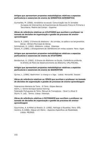 216
Artigos que apresentam propostas metodológicas relativas a aspectos
particulares e essenciais do ensino da GINÁSTICA ACROBÁTICA
Guimarães, M. (2000). Acrobática na escola. Comunicação nas IV Jornadas
Europeas de Intercambio de Experiencias de Educación Fisica en Primaria e
Secundaria. Medina del Campo – Espanha
Obras de referência relativas ao ATLETISMO que auxiliam o professor na
tomada de decisões de organização e gestão do processo de ensino-
aprendizagem
Garcia, R. (1993). O Ensino do Atletismo - As corridas, os saltos e os lançamentos.
Oeiras: Câmara Municipal de Oeiras.
Schmolinski, G. (1992). Atletismo. Lisboa: Estampa.
Seners, P. (1989). L'Enseignement de l'Athlétisme em milieu scolaire. Paris: Vigot
Artigos que apresentam propostas metodológicas relativas a aspectos
particulares e essenciais do ensino do ATLETISMO
Bondarchuk, A. (1992): O Ensino do Atletismo na Escola, Conferência proferida
no âmbito do Plano de Desenvolvimento do Atletismo, CML/FPA/AAL.
Artigos que apresentam propostas metodológicas relativas a aspectos
particulares e essenciais do ensino do BADMINTON
Quinaz, L. (1986). Badminton: a criança e o Jogo. Lisboa: Horizonte. Dossier.
Obras de referência relativas ao TÉNIS que auxiliam o professor na tomada
de decisões de organização e gestão do processo de ensino-aprendizagem
Federaciona Alemana de Tenis. El Tenis. Golpes Basicos
Hohm, J. Tennis-tecnique-tactics-training
Federação Portuguesa de Ténis. Manual de Treinadores – Nível I e Nível II
Sturm, K. (sd). Tennis. Lisboa: Estampa.
Obras de referência relativas à PATINAGEM que auxiliam o professor na
tomada de decisões de organização e gestão do processo de ensino-
aprendizagem
Gourinches, A. & Millet-Le-Breton, E. (1990). Patinage à Roulettes. Paris: EPS.
Honório, E.(1988). Hóquei em Patins - Aspectos Específicos da Modalidade.
Lisboa: ME/DGD.
 