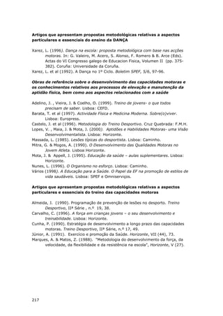 217
Artigos que apresentam propostas metodológicas relativas a aspectos
particulares e essenciais do ensino da DANÇA
Xarez, L. (1996). Dança na escola: proposta metodológica com base nas acções
motoras. In: G. Valeiro, M. Acero, S. Alonso, F. Romero & B. Arce (Eds).
Actas do VI Congresso galego de Educacion Fisica, Volumen II (pp. 375-
382). Coruña: Universidade da Coruña.
Xarez, L. et al (1992). A Dança no 1º Ciclo. Boletim SPEF, 5/6, 97-96.
Obras de referência sobre o desenvolvimento das capacidades motoras e
os conhecimentos relativos aos processos de elevação e manutenção da
aptidão física, bem como aos aspectos relacionados com a saúde
Adelino, J. , Vieira, J. & Coelho, O. (1999). Treino de jovens- o que todos
precisam de saber. Lisboa: CEFD.
Barata, T. et al (1997). Actividade Física e Medicina Moderna. Sobre(o)viver.
Lisboa: Europress.
Castelo, J. et al (1996). Metodologia do Treino Desportivo. Cruz Quebrada: F.M.H.
Lopes, V. , Maia, J. & Mota, J. (2000). Aptidões e Habilidades Motoras- uma Visão
Desenvolvimentalista. Lisboa: Horizonte.
Massada, L. (1985). Lesões típicas do desportista. Lisboa: Caminho.
Mitra, G. & Mogos, A. (1990). O Desenvolvimento das Qualidades Motoras no
Jovem Atleta. Lisboa:Horizonte.
Mota, J. & Appell, J. (1995). Educação da saúde – aulas suplementares. Lisboa:
Horizonte.
Nunes, L. (1996). O Organismo no esforço. Lisboa: Caminho.
Vários (1998). A Educação para a Saúde. O Papel da EF na promoção de estilos de
vida saudáveis. Lisboa: SPEF e Omniserviços.
Artigos que apresentam propostas metodológicas relativas a aspectos
particulares e essenciais do treino das capacidades motoras
Almeida, J. (1990). Programação de prevenção de lesões no desporto. Treino
Desportivo, IIª Série , n.º 19, 38.
Carvalho, C. (1996). A força em crianças jovens – o seu desenvolvimento e
treinabilidade. Lisboa: Horizonte.
Cunha, P. (1990). Estratégia de desenvolvimento a longo prazo das capacidades
motoras. Treino Desportivo, IIª Série, n.º 17, 49.
Júnior, A. (1991). Exercício e promoção da Saúde. Horizonte, VII (44), 73.
Marques, A. & Matos, Z. (1988). "Metodologia do desenvolvimento da força, da
velocidade, da flexibilidade e da resistência na escola", Horizonte, V (27).
 