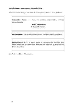 44
Referência para o sucesso em Educação Física
Consideram-se as três grandes áreas de avaliação específicas da Educação Física:
Actividades Físicas - o aluno, nas matérias seleccionadas, evidencia
competências de
3 Níveis Introdutório
3 Níveis Elementar
Aptidão física – o aluno encontra-se na Zona Saudável de Aptidão Física (b)
Conhecimentos (…)– o aluno revela os conhecimentos definidos pelo
Departamento de Educação Física, relativos aos objectivos do Programa do
Ensino Secundário
b) referência à ZSAF - Fitnessgram.
 
