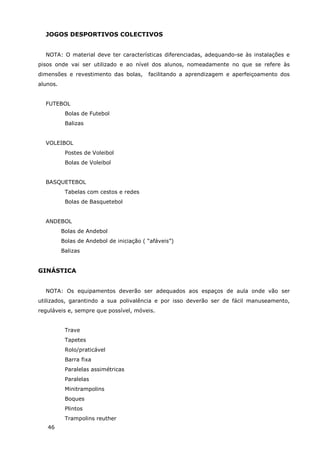 46
JOGOS DESPORTIVOS COLECTIVOS
NOTA: O material deve ter características diferenciadas, adequando-se às instalações e
pisos onde vai ser utilizado e ao nível dos alunos, nomeadamente no que se refere às
dimensões e revestimento das bolas, facilitando a aprendizagem e aperfeiçoamento dos
alunos.
FUTEBOL
Bolas de Futebol
Balizas
VOLEIBOL
Postes de Voleibol
Bolas de Voleibol
BASQUETEBOL
Tabelas com cestos e redes
Bolas de Basquetebol
ANDEBOL
Bolas de Andebol
Bolas de Andebol de iniciação ( “afáveis”)
Balizas
GINÁSTICA
NOTA: Os equipamentos deverão ser adequados aos espaços de aula onde vão ser
utilizados, garantindo a sua polivalência e por isso deverão ser de fácil manuseamento,
reguláveis e, sempre que possível, móveis.
Trave
Tapetes
Rolo/praticável
Barra fixa
Paralelas assimétricas
Paralelas
Minitrampolins
Boques
Plintos
Trampolins reuther
 
