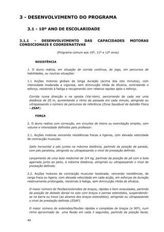 49
3 - DESENVOLVIMENTO DO PROGRAMA
3.1 - 10º ANO DE ESCOLARIDADE
3.1.1 - DESENVOLVIMENTO DAS CAPACIDADES MOTORAS
CONDICIONAIS E COORDENATIVAS
(Programa comum aos 10º, 11º e 12º anos)
RESISTÊNCIA
1. O aluno realiza, em situação de corrida contínua, de jogo, em percursos de
habilidades, ou noutras situações:
1.1 Acções motoras globais de longa duração (acima dos oito minutos), com
intensidade moderada a vigorosa, sem diminuição nítida de eficácia, controlando o
esforço, resistindo à fadiga e recuperando com relativa rapidez após o esforço.
Corrida numa direcção e na oposta (Vai-Vem), percorrendo de cada vez uma
distância de 20 m, aumentando o ritmo da passada em cada minuto, atingindo ou
ultrapassando o número de percursos de referência (Zona Saudável de Aptidão Física
- ZSAF).
FORÇA
2. O aluno realiza com correcção, em circuitos de treino ou exercitação simples, com
volume e intensidade definidos pelo professor:
2.1. Acções motoras vencendo resistências fracas a ligeiras, com elevada velocidade
de contracção muscular.
Salto horizontal a pés juntos na máxima distância, partindo da posição de parado,
com pés paralelos, atingindo ou ultrapassando o nível de prestação definido.
Lançamento de uma bola medicinal de 3/4 kg, partindo da posição de pé com a bola
agarrada junto ao peito, à máxima distância, atingindo ou ultrapassando o nível de
prestação definido.
2.2. Acções motoras de contracção muscular localizada, vencendo resistências, de
carga fraca ou ligeira, com elevada velocidade em cada acção, em esforços de duração
relativamente prolongada, resistindo à fadiga, sem diminuição nítida de eficácia.
O maior número de flexões/extensões de braços, rápidas e bem executadas, partindo
da posição de deitado dorsal no solo com braços e pernas estendidos, suspendendo-
se na barra ou trave (ao alcance dos braços estendidos), atingindo ou ultrapassando
o nível de prestação definido (ZSAF).
O maior número de extensões/flexões rápidas e completas de braços (a 90º), num
ritmo aproximado de uma flexão em cada 3 segundos, partindo da posição facial,
 