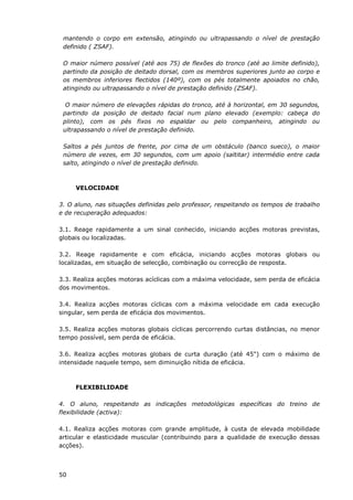 50
mantendo o corpo em extensão, atingindo ou ultrapassando o nível de prestação
definido ( ZSAF).
O maior número possível (até aos 75) de flexões do tronco (até ao limite definido),
partindo da posição de deitado dorsal, com os membros superiores junto ao corpo e
os membros inferiores flectidos (140º), com os pés totalmente apoiados no chão,
atingindo ou ultrapassando o nível de prestação definido (ZSAF).
O maior número de elevações rápidas do tronco, até à horizontal, em 30 segundos,
partindo da posição de deitado facial num plano elevado (exemplo: cabeça do
plinto), com os pés fixos no espaldar ou pelo companheiro, atingindo ou
ultrapassando o nível de prestação definido.
Saltos a pés juntos de frente, por cima de um obstáculo (banco sueco), o maior
número de vezes, em 30 segundos, com um apoio (saltitar) intermédio entre cada
salto, atingindo o nível de prestação definido.
VELOCIDADE
3. O aluno, nas situações definidas pelo professor, respeitando os tempos de trabalho
e de recuperação adequados:
3.1. Reage rapidamente a um sinal conhecido, iniciando acções motoras previstas,
globais ou localizadas.
3.2. Reage rapidamente e com eficácia, iniciando acções motoras globais ou
localizadas, em situação de selecção, combinação ou correcção de resposta.
3.3. Realiza acções motoras acíclicas com a máxima velocidade, sem perda de eficácia
dos movimentos.
3.4. Realiza acções motoras cíclicas com a máxima velocidade em cada execução
singular, sem perda de eficácia dos movimentos.
3.5. Realiza acções motoras globais cíclicas percorrendo curtas distâncias, no menor
tempo possível, sem perda de eficácia.
3.6. Realiza acções motoras globais de curta duração (até 45") com o máximo de
intensidade naquele tempo, sem diminuição nítida de eficácia.
FLEXIBILIDADE
4. O aluno, respeitando as indicações metodológicas específicas do treino de
flexibilidade (activa):
4.1. Realiza acções motoras com grande amplitude, à custa de elevada mobilidade
articular e elasticidade muscular (contribuindo para a qualidade de execução dessas
acções).
 