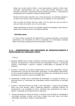 51
Chega com as duas mãos à frente, o mais longe possível, sentado no chão (seat-
and-reach), alternadamente com uma e outra perna flectida, deixando a outra
estendida, mantendo o alongamento máximo durante pelo menos 1”, alcançando ou
ultrapassando (à 4ª tentativa) a distância definida (ZSAF).
Mantém durante alguns segundos uma e outra das pernas, em extensão completa, a
um plano mais alto que a bacia, apoiando o pé no espaldar ou num companheiro.
Toca as pontas dos dedos atrás das costas, com um braço por cima do ombro e
outro por baixo do cotovelo, com um e outro braço.
Afasta lateralmente as pernas em extensão (posição de espargata), aproximando a
região pubo-coccígea do solo a uma distância definida.
DESTREZA GERAL
5. O aluno realiza movimentos de deslocamento no espaço associados a movimentos
segmentares, com alternância de ritmos e velocidade, em combinações complexas
desses movimentos, globalmente bem coordenadas e eficazes.
3.1.2 - APRENDIZAGEM DOS PROCESSOS DE DESENVOLVIMENTO E
MANUTENÇÃO DA CONDIÇÃO FÍSICA
O aluno:
1. Relaciona Aptidão Física e Saúde e identifica os factores associados a um estilo de vida
saudável, nomeadamente o desenvolvimento das capacidades motoras, a composição
corporal, a alimentação, o repouso, a higiene, a afectividade e a qualidade do meio
ambiente.
2. Conhece e interpreta os princípios fundamentais do treino das capacidades motoras,
nomeadamente o princípio da continuidade, progressão, e reversibilidade, relacionando-
os com o princípio biológico da auto-renovação da matéria viva, considerando-os na sua
actividade física, tendo em vista a sua Aptidão Física.
3. Compreende a relação entre a dosificação da intensidade e a duração do esforço, no
desenvolvimento ou manutenção das capacidades motoras fundamentais na promoção
da saúde.
4. Conhece e interpreta factores de saúde e risco associados à prática das actividades
físicas, tais como doenças, lesões, substâncias dopantes e condições materiais, de
equipamentos e de orientação do treino, utilizando esse conhecimento de modo a
garantir a realização de actividade física em segurança.
5. Conhece processos de controlo do esforço e identifica sinais de fadiga ou inadaptação à
exercitação praticada, evitando riscos para a Saúde, tais como: dores, mal estar,
dificuldades respiratórias, fadiga e recuperação difícil.
 