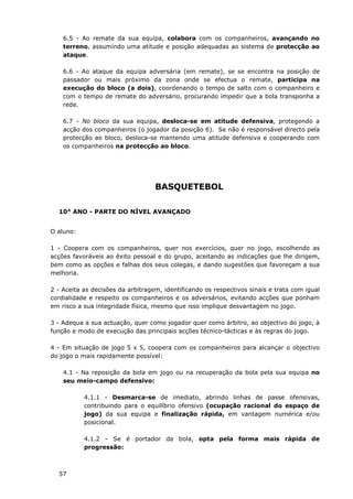 57
6.5 - Ao remate da sua equipa, colabora com os companheiros, avançando no
terreno, assumindo uma atitude e posição adequadas ao sistema de protecção ao
ataque.
6.6 - Ao ataque da equipa adversária (em remate), se se encontra na posição de
passador ou mais próximo da zona onde se efectua o remate, participa na
execução do bloco (a dois), coordenando o tempo de salto com o companheiro e
com o tempo de remate do adversário, procurando impedir que a bola transponha a
rede.
6.7 - No bloco da sua equipa, desloca-se em atitude defensiva, protegendo a
acção dos companheiros (o jogador da posição 6). Se não é responsável directo pela
protecção ao bloco, desloca-se mantendo uma atitude defensiva e cooperando com
os companheiros na protecção ao bloco.
BASQUETEBOL
10° ANO - PARTE DO NÍVEL AVANÇADO
O aluno:
1 - Coopera com os companheiros, quer nos exercícios, quer no jogo, escolhendo as
acções favoráveis ao êxito pessoal e do grupo, aceitando as indicações que lhe dirigem,
bem como as opções e falhas dos seus colegas, e dando sugestões que favoreçam a sua
melhoria.
2 - Aceita as decisões da arbitragem, identificando os respectivos sinais e trata com igual
cordialidade e respeito os companheiros e os adversários, evitando acções que ponham
em risco a sua integridade física, mesmo que isso implique desvantagem no jogo.
3 - Adequa a sua actuação, quer como jogador quer como árbitro, ao objectivo do jogo, à
função e modo de execução das principais acções técnico-tácticas e às regras do jogo.
4 - Em situação de jogo 5 x 5, coopera com os companheiros para alcançar o objectivo
do jogo o mais rapidamente possível:
4.1 - Na reposição da bola em jogo ou na recuperação da bola pela sua equipa no
seu meio-campo defensivo:
4.1.1 - Desmarca-se de imediato, abrindo linhas de passe ofensivas,
contribuindo para o equilíbrio ofensivo (ocupação racional do espaço de
jogo) da sua equipa e finalização rápida, em vantagem numérica e/ou
posicional.
4.1.2 - Se é portador da bola, opta pela forma mais rápida de
progressão:
 