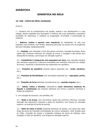 62
GINÁSTICA
GINÁSTICA NO SOLO
10° ANO - PARTE DO NÍVEL AVANÇADO
O aluno:
1 - Coopera com os companheiros nas ajudas, analisa o seu desempenho e o dos
colegas, dando sugestões que favoreçam a melhoria das suas prestações e garantam
condições de segurança, e colabora na preparação, arrumação e preservação do
material.
2 - Elabora, realiza e aprecia uma sequência de habilidades no solo (em
colchões), que combine, com fluidez, destrezas gímnicas, de acordo com as exigências
técnicas indicadas, designadamente:
2.1 - Rodada, com chamada e ritmo dos apoios correctos, impulsão de braços, fecho
rápido dos membros inferiores em relação ao tronco e recepção a pés juntos sem
desequilíbrios laterais, com braços em elevação superior.
2.2 - Cambalhota à retaguarda com passagem por pino, com repulsão enérgica
dos membros superiores e abertura simultânea dos membros inferiores em relação
ao tronco, mantendo o alinhamento dos segmentos em equilíbrio.
2.3 - Posições de equilíbrio durante alguns segundos (ex.: avião, bandeira,
etc.).
2.4 - Posições de flexibilidade com acentuada amplitude (ex.: espargata, ponte,
etc.).
2.5 - Posições de força definidas correctamente (ex.: posição angular, etc.).
2.6 - Saltos, voltas e afundos, utilizando-os como elementos estéticos de
ligação e combinação das diversas destrezas por forma a garantir harmonia e
fluidez da sequência.
3 - Em situação de exercício, nos colchões, faz:
3.1 - Roda a um braço, com movimento rápido dos membros inferiores, marcada
extensão dos segmentos corporais e saída em equilíbrio, com braços em elevação
superior, na direcção do ponto de partida.
3.2 - Salto de mãos à frente (podendo beneficiar de ajuda), com apoio das mãos
longe da perna de impulsão (consolidação da cintura escapular), olhar dirigido para
as mãos, impulsão de braços e projecção enérgica da perna de balanço, para
recepção no solo em equilíbrio, com braços em elevação superior.
 