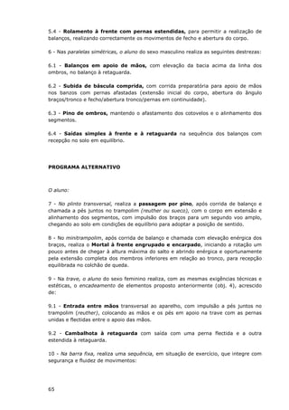 65
5.4 - Rolamento à frente com pernas estendidas, para permitir a realização de
balanços, realizando correctamente os movimentos de fecho e abertura do corpo.
6 - Nas paralelas simétricas, o aluno do sexo masculino realiza as seguintes destrezas:
6.1 - Balanços em apoio de mãos, com elevação da bacia acima da linha dos
ombros, no balanço à retaguarda.
6.2 - Subida de báscula comprida, com corrida preparatória para apoio de mãos
nos banzos com pernas afastadas (extensão inicial do corpo, abertura do ângulo
braços/tronco e fecho/abertura tronco/pernas em continuidade).
6.3 - Pino de ombros, mantendo o afastamento dos cotovelos e o alinhamento dos
segmentos.
6.4 - Saídas simples à frente e à retaguarda na sequência dos balanços com
recepção no solo em equilíbrio.
PROGRAMA ALTERNATIVO
O aluno:
7 - No plinto transversal, realiza a passagem por pino, após corrida de balanço e
chamada a pés juntos no trampolim (reuther ou sueco), com o corpo em extensão e
alinhamento dos segmentos, com impulsão dos braços para um segundo voo amplo,
chegando ao solo em condições de equilíbrio para adoptar a posição de sentido.
8 - No minitrampolim, após corrida de balanço e chamada com elevação enérgica dos
braços, realiza o Mortal à frente engrupado e encarpado, iniciando a rotação um
pouco antes de chegar à altura máxima do salto e abrindo enérgica e oportunamente
pela extensão completa dos membros inferiores em relação ao tronco, para recepção
equilibrada no colchão de queda.
9 - Na trave, o aluno do sexo feminino realiza, com as mesmas exigências técnicas e
estéticas, o encadeamento de elementos proposto anteriormente (obj. 4), acrescido
de:
9.1 - Entrada entre mãos transversal ao aparelho, com impulsão a pés juntos no
trampolim (reuther), colocando as mãos e os pés em apoio na trave com as pernas
unidas e flectidas entre o apoio das mãos.
9.2 - Cambalhota à retaguarda com saída com uma perna flectida e a outra
estendida à retaguarda.
10 - Na barra fixa, realiza uma sequência, em situação de exercício, que integre com
segurança e fluidez de movimentos:
 