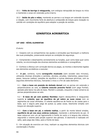 66
10.1 - Volta de barriga à retaguarda, com enérgica retropulsão de braços no início
e mantendo o corpo em extensão junto à barra.
10.2 - Saída de pés e mãos, mantendo as pernas e os braços em extensão durante
a rotação, com movimento forte de abertura e antepulsão de braços para recepção no
colchão em condições de equilíbrio para adoptar a posição de sentido.
GINÁSTICA ACROBÁTICA
10º ANO - NÍVEL ELEMENTAR
O aluno:
1 - Coopera com os companheiros nas ajudas e correcções que favoreçam a melhoria
das suas prestações, preservando sempre as condições de segurança.
2 - Compreende e desempenha correctamente as funções, quer como base quer como
volante, na sincronização dos diversos elementos acrobáticos e coreográficos.
3 - Conhece e efectua com correcção técnica as pegas, os montes e desmontes ligados
aos elementos acrobáticos a executar.
4 - A par, combina, numa coreografia musicada (sem exceder dois minutos),
utilizando diversas direcções e sentidos, afundos, piruetas, rolamentos, passo-troca-
passo, tesouras (saltos), posições de equilíbrio e outras destrezas gímnicas, com os
seguintes elementos técnicos, marcando o início e o fim de cada elemento:
4.1 - Com o base em posição de deitado dorsal com as pernas em extensão e
perpendiculares ao solo, o volante executa prancha facial (com pega frontal),
apoiado pela bacia nos pés do base. Mantém a posição, enquanto o base conserva as
pernas perpendiculares ao solo.
4.2 - O base de pé com joelhos flectidos (ligeiro desequilíbrio à retaguarda)
suporta o volante, que se equilibra de pé sobre as suas coxas com os
segmentos do corpo alinhados. O volante equilibra-se de frente ou de costas para o
base, que o segura pela pega de pulsos ou pelas coxas. Desmonte simples com
braços em elevação superior.
4.3 - Com o base em pé, o volante realiza, a partir do monte lateral simples,
equilíbrio de pé nos seus ombros (coluna), mantendo o alinhamento do par. O
base coloca-se com um pé ligeiramente à frente do outro e à largura dos ombros,
segurando o volante pela porção superior dos gémeos. O desmonte é realizado em
salto, após pega das mãos, para a frente do base.
5 - Em situação de exercício em trios, realizam os seguintes elementos técnicos com
coordenação e fluidez:
 
