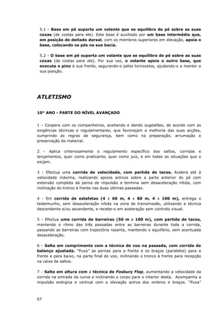 67
5.1 - Base em pé suporta um volante que se equilibra de pé sobre as suas
coxas (de costas para ele). Este base é auxiliado por um base intermédio que,
em posição de deitado dorsal, com os membros superiores em elevação, apoia o
base, colocando os pés na sua bacia.
5.2 - O base em pé suporta um volante que se equilibra de pé sobre as suas
coxas (de costas para ele). Por sua vez, o volante apoia o outro base, que
executa o pino à sua frente, segurando-o pelos tornozelos, ajudando-o a manter a
sua posição.
ATLETISMO
10° ANO - PARTE DO NÍVEL AVANÇADO
1 - Coopera com os companheiros, aceitando e dando sugestões, de acordo com as
exigências técnicas e regulamentares, que favoreçam a melhoria das suas acções,
cumprindo as regras de segurança, bem como na preparação, arrumação e
preservação do material.
2 - Aplica criteriosamente o regulamento específico dos saltos, corridas e
lançamentos, quer como praticante, quer como juiz, e em todas as situações que o
exijam.
3 - Efectua uma corrida de velocidade, com partida de tacos. Acelera até à
velocidade máxima, realizando apoios activos sobre a parte anterior do pé com
extensão completa da perna de impulsão e termina sem desaceleração nítida, com
inclinação do tronco à frente nas duas últimas passadas.
4 - Em corrida de estafetas (4 x 60 m, 4 x 80 m, 4 x 100 m), entrega o
testemunho, sem desaceleração nítida na zona de transmissão, utilizando a técnica
descendente e/ou ascendente, e recebe-o em aceleração sem controlo visual.
5 - Efectua uma corrida de barreiras (50 m a 100 m), com partida de tacos,
mantendo o ritmo das três passadas entre as barreiras durante toda a corrida,
passando as barreiras com trajectória rasante, mantendo o equilíbrio, sem acentuada
desaceleração.
6 - Salta em comprimento com a técnica de voo na passada, com corrida de
balanço ajustada. “Puxa” as pernas para a frente e os braços (paralelos) para a
frente e para baixo, na parte final do voo, inclinando o tronco à frente para recepção
na caixa de saltos.
7 - Salta em altura com a técnica de Fosbury Flop, aumentando a velocidade da
corrida na entrada da curva e inclinando o corpo para o interior desta. Acompanha a
impulsão enérgica e vertical com a elevação activa dos ombros e braços. “Puxa”
 