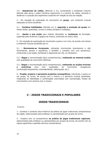 75
3.5 - Sequências de voltas, idênticas a 3.2, aumentando a amplitude (volume
definido pela perna e pelos membros superiores) e o número de voltas, variando a
distância e a posição dos segmentos corporais em relação ao eixo de rotação.
4 - Em situação de exploração do movimento em grupo, com ambiente musical
adequado ao tema escolhido:
4.1 - Combina habilidades referidas em 2, seguindo a evolução do grupo em
linhas rectas, quebradas, curvas e mistas (simples e múltiplas).
4.2 - Ajusta a sua acção para realizar alterações ou mudanças da formação,
sugeridas pela dinâmica e agógica da música, evoluindo em toda a área.
5 - Em situação de exploração do movimento a pares e em trios, de acordo com temas
e ambiente musical escolhidos por si:
5.1 - Movimenta-se livremente, utilizando movimentos locomotores e não
locomotores, pausas e equilíbrios, e também o contacto com o(s) parceiro(s),
conduzindo a sua acção, facilitando e esperando por ele, se necessário.
5.2 - Segue a movimentação do(s) companheiro(s), realizando as mesmas acções
com qualidades de movimento idênticas.
5.3 - Segue a movimentação do(s) companheiro(s), realizando as acções inversas
e contrárias e/ou com qualidades de movimento antagónicas
(contracção/relaxamento, extensão/flexão, salto/queda, etc.).
6 - Propõe, prepara e apresenta projectos coreográficos, individuais, a pares ou
em grupo, na turma, de acordo com o motivo e a estrutura musical escolhidos,
integrando as habilidades e combinações exercitadas com coordenação, fluidez de
movimentos e em sintonia com a música.
C - JOGOS TRADICIONAIS E POPULARES
JOGOS TRADICIONAIS
O aluno:
1 - Conhece o contexto sócio-histórico da prática de jogos tradicionais característicos
da região, seleccionados pelo professor ou apresentados por grupos da turma.
2 - Coopera com os companheiros na prática de jogos tradicionais regionais,
seleccionados pelo professor ou apresentados por grupos da turma, de acordo com as
regras específicas e padrões técnicos característicos.
 