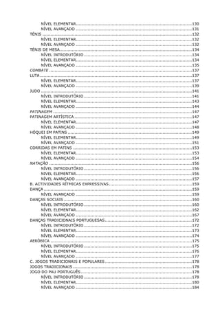 NÍVEL ELEMENTAR.......................................................................................130
NÍVEL AVANÇADO .......................................................................................131
TÉNIS ................................................................................................................132
NÍVEL ELEMENTAR.......................................................................................132
NÍVEL AVANÇADO .......................................................................................132
TÉNIS DE MESA...................................................................................................134
NÍVEL INTRODUTÓRIO.................................................................................134
NÍVEL ELEMENTAR.......................................................................................134
NÍVEL AVANÇADO .......................................................................................135
COMBATE ...........................................................................................................137
LUTA..................................................................................................................137
NÍVEL ELEMENTAR.......................................................................................137
NÍVEL AVANÇADO .......................................................................................139
JUDO .................................................................................................................141
NÍVEL INTRODUTÓRIO.................................................................................141
NÍVEL ELEMENTAR.......................................................................................143
NÍVEL AVANÇADO .......................................................................................144
PATINAGEM ........................................................................................................147
PATINAGEM ARTÍSTICA ........................................................................................147
NÍVEL ELEMENTAR.......................................................................................147
NÍVEL AVANÇADO .......................................................................................148
HÓQUEI EM PATINS .............................................................................................149
NÍVEL ELEMENTAR.......................................................................................149
NÍVEL AVANÇADO .......................................................................................151
CORRIDAS EM PATINS .........................................................................................153
NÍVEL ELEMENTAR.......................................................................................153
NÍVEL AVANÇADO .......................................................................................154
NATAÇÃO ...........................................................................................................156
NÍVEL INTRODUTÓRIO.................................................................................156
NIVEL ELEMENTAR.......................................................................................156
NÍVEL AVANÇADO .......................................................................................157
B. ACTIVIDADES RÍTMICAS EXPRESSIVAS..............................................................159
DANÇA ...............................................................................................................159
NÍVEL AVANÇADO .......................................................................................159
DANÇAS SOCIAIS ................................................................................................160
NÍVEL INTRODUTÓRIO.................................................................................160
NÍVEL ELEMENTAR.......................................................................................162
NÍVEL AVANÇADO .......................................................................................167
DANÇAS TRADICIONAIS PORTUGUESAS.................................................................172
NÍVEL INTRODUTÓRIO.................................................................................172
NÍVEL ELEMENTAR.......................................................................................173
NÍVEL AVANÇADO .......................................................................................174
AERÓBICA ..........................................................................................................175
NÍVEL INTRODUTÓRIO.................................................................................175
NÍVEL ELEMENTAR.......................................................................................176
NÍVEL AVANÇADO .......................................................................................177
C. JOGOS TRADICIONAIS E POPULARES .................................................................178
JOGOS TRADICIONAIS .........................................................................................178
JOGO DO PAU PORTUGUÊS ...................................................................................178
NÍVEL INTRODUTÓRIO.................................................................................178
NÍVEL ELEMENTAR.......................................................................................180
NÍVEL AVANÇADO .......................................................................................184
 