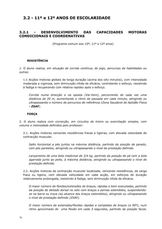 76
3.2 - 11º e 12º ANOS DE ESCOLARIDADE
3.2.1 - DESENVOLVIMENTO DAS CAPACIDADES MOTORAS
CONDICIONAIS E COORDENATIVAS
(Programa comum aos 10º, 11º e 12º anos)
RESISTÊNCIA
1. O aluno realiza, em situação de corrida contínua, de jogo, percursos de habilidades ou
outras:
1.1 Acções motoras globais de longa duração (acima dos oito minutos), com intensidade
moderada a vigorosa, sem diminuição nítida de eficácia, controlando o esforço, resistindo
à fadiga e recuperando com relativa rapidez após o esforço.
Corrida numa direcção e na oposta (Vai-Vem), percorrendo de cada vez uma
distância de 20 m, aumentando o ritmo da passada em cada minuto, atingindo ou
ultrapassando o número de percursos de referência (Zona Saudável de Aptidão Física
- ZSAF).
FORÇA
2. O aluno realiza com correcção, em circuitos de treino ou exercitação simples, com
volume e intensidade definidos pelo professor:
2.1. Acções motoras vencendo resistências fracas a ligeiras, com elevada velocidade de
contracção muscular.
Salto horizontal a pés juntos na máxima distância, partindo da posição de parado,
com pés paralelos, atingindo ou ultrapassando o nível de prestação definido.
Lançamento de uma bola medicinal de 3/4 kg, partindo da posição de pé com a bola
agarrada junto ao peito, à máxima distância, atingindo ou ultrapassando o nível de
prestação definido.
2.2. Acções motoras de contracção muscular localizada, vencendo resistências, de carga
fraca ou ligeira, com elevada velocidade em cada acção, em esforços de duração
relativamente prolongada, resistindo à fadiga, sem diminuição nítida de eficácia.
O maior número de flexões/extensões de braços, rápidas e bem executadas, partindo
da posição de deitado dorsal no solo com braços e pernas estendidos, suspendendo-
se na barra ou trave (ao alcance dos braços estendidos), atingindo ou ultrapassando
o nível de prestação definido (ZSAF).
O maior número de extensões/flexões rápidas e completas de braços (a 90º), num
ritmo aproximado de uma flexão em cada 3 segundos, partindo da posição facial,
 