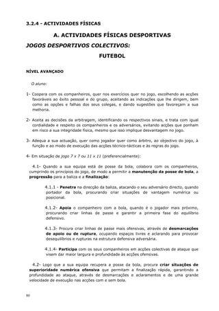80
3.2.4 - ACTIVIDADES FÍSICAS
A. ACTIVIDADES FÍSICAS DESPORTIVAS
JOGOS DESPORTIVOS COLECTIVOS:
FUTEBOL
NÍVEL AVANÇADO
O aluno:
1- Coopera com os companheiros, quer nos exercícios quer no jogo, escolhendo as acções
favoráveis ao êxito pessoal e do grupo, aceitando as indicações que lhe dirigem, bem
como as opções e falhas dos seus colegas, e dando sugestões que favoreçam a sua
melhoria.
2- Aceita as decisões da arbitragem, identificando os respectivos sinais, e trata com igual
cordialidade e respeito os companheiros e os adversários, evitando acções que ponham
em risco a sua integridade física, mesmo que isso implique desvantagem no jogo.
3- Adequa a sua actuação, quer como jogador quer como árbitro, ao objectivo do jogo, à
função e ao modo de execução das acções técnico-tácticas e às regras do jogo.
4- Em situação de jogo 7 x 7 ou 11 x 11 (preferencialmente):
4.1- Quando a sua equipa está de posse da bola, colabora com os companheiros,
cumprindo os princípios do jogo, de modo a permitir a manutenção da posse de bola, a
progressão para a baliza e a finalização:
4.1.1 - Penetra na direcção da baliza, atacando o seu adversário directo, quando
portador da bola, procurando criar situações de vantagem numérica ou
posicional.
4.1.2- Apoia o companheiro com a bola, quando é o jogador mais próximo,
procurando criar linhas de passe e garantir a primeira fase do equilíbrio
defensivo.
4.1.3- Procura criar linhas de passe mais ofensivas, através de desmarcações
de apoio ou de ruptura, ocupando espaços livres e aclarando para provocar
desequilíbrios e rupturas na estrutura defensiva adversária.
4.1.4- Participa com os seus companheiros em acções colectivas de ataque que
visem dar maior largura e profundidade às acções ofensivas.
4.2- Logo que a sua equipa recupera a posse da bola, procura criar situações de
superioridade numérica ofensiva que permitam a finalização rápida, garantindo a
profundidade ao ataque, através de desmarcações e aclaramentos e de uma grande
velocidade de execução nas acções com e sem bola.
 