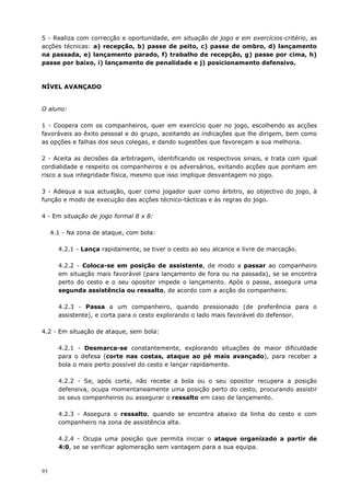 93
5 - Realiza com correcção e oportunidade, em situação de jogo e em exercícios-critério, as
acções técnicas: a) recepção, b) passe de peito, c) passe de ombro, d) lançamento
na passada, e) lançamento parado, f) trabalho de recepção, g) passe por cima, h)
passe por baixo, i) lançamento de penalidade e j) posicionamento defensivo.
NÍVEL AVANÇADO
O aluno:
1 - Coopera com os companheiros, quer em exercício quer no jogo, escolhendo as acções
favoráveis ao êxito pessoal e do grupo, aceitando as indicações que lhe dirigem, bem como
as opções e falhas dos seus colegas, e dando sugestões que favoreçam a sua melhoria.
2 - Aceita as decisões da arbitragem, identificando os respectivos sinais, e trata com igual
cordialidade e respeito os companheiros e os adversários, evitando acções que ponham em
risco a sua integridade física, mesmo que isso implique desvantagem no jogo.
3 - Adequa a sua actuação, quer como jogador quer como árbitro, ao objectivo do jogo, à
função e modo de execução das acções técnico-tácticas e às regras do jogo.
4 - Em situação de jogo formal 8 x 8:
4.1 - Na zona de ataque, com bola:
4.2.1 - Lança rapidamente, se tiver o cesto ao seu alcance e livre de marcação.
4.2.2 - Coloca-se em posição de assistente, de modo a passar ao companheiro
em situação mais favorável (para lançamento de fora ou na passada), se se encontra
perto do cesto e o seu opositor impede o lançamento. Após o passe, assegura uma
segunda assistência ou ressalto, de acordo com a acção do companheiro.
4.2.3 - Passa a um companheiro, quando pressionado (de preferência para o
assistente), e corta para o cesto explorando o lado mais favorável do defensor.
4.2 - Em situação de ataque, sem bola:
4.2.1 - Desmarca-se constantemente, explorando situações de maior dificuldade
para o defesa (corte nas costas, ataque ao pé mais avançado), para receber a
bola o mais perto possível do cesto e lançar rapidamente.
4.2.2 - Se, após corte, não recebe a bola ou o seu opositor recupera a posição
defensiva, ocupa momentaneamente uma posição perto do cesto, procurando assistir
os seus companheiros ou assegurar o ressalto em caso de lançamento.
4.2.3 - Assegura o ressalto, quando se encontra abaixo da linha do cesto e com
companheiro na zona de assistência alta.
4.2.4 - Ocupa uma posição que permita iniciar o ataque organizado a partir de
4:0, se se verificar aglomeração sem vantagem para a sua equipa.
 