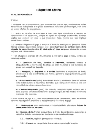 95
HÓQUEI EM CAMPO
NÍVEL INTRODUTÓRIO
0 aluno:
1 - Coopera com os companheiros, quer nos exercícios quer no jogo, escolhendo as acções
favoráveis ao êxito pessoal e do grupo, aceitando as indicações que lhe dirigem, bem como
as opções e falhas dos seus colegas.
2 - Aceita as decisões da arbitragem e trata com igual cordialidade e respeito os
companheiros e os adversários, cumpre as regras de segurança estabelecidas, evitando
acções que ponham em risco a sua integridade física, mesmo que isso implique
desvantagem no jogo.
3 - Conhece o objectivo do jogo, a função e o modo de execução das principais acções
técnico-tácticas e as principais regras do jogo: a) exclusividade de contacto com a bola
através da parte lisa do stick, b) obstrução, c) jogo perigoso, adequando as suas
acções a esse conhecimento.
4 - Em situação de exercício (2 x 0), utilizando o stick com a pega correcta, combina as
seguintes acções:
4.1 - Condução da bola, clássica e alternada, realizando correcta e
adequadamente os movimentos de rotação do stick, mantendo a bola controlada de
acordo com a sequência da acção.
4.2 - Recepção, à esquerda e à direita (conforme a trajectória da bola),
amortecendo a bola e controlando-a de forma a permitir a opção pelo remate, passe
ou condução.
4.3 - Passe empurrado (push), à esquerda e à direita, mantendo a parte lisa do stick
junto da bola durante o movimento, de modo a que o companheiro receba a bola sem
necessidade de alterar o seu deslocamento.
4.4 - Remate empurrado (push) com precisão, transpondo o peso do corpo para o
apoio esquerdo simultaneamente com o avanço enérgico da mão direita e movimento
inverso da mão esquerda.
5 - Em situação de jogo 3 x 3, com alvos (defendidos por cada equipa), aplica as técnicas
referidas nos objectivos anteriores e, de acordo com a sua leitura de jogo:
5.1 - Desmarca-se com oportunidade e intencionalidade, oferecendo linhas de
passe penetrante ou de apoio.
5.2 - Recebe a bola, frontal, à esquerda ou à direita, de acordo com a sua posição e
trajectória da bola, controlando-a e libertando-se da pressão defensiva:
5.2.1 - Remata, logo que ganhe posição favorável.
5.2.2 - Passa a um companheiro desmarcado em penetração ou apoio.
 