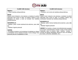 CLASE 3 (90 minutos) CLASE 4 (45 minutos)
Objetivo:
- Tomar medidas antropométricas.
INICIO:
Saludo inicial, Invitación a los alumnos a mantener la actitud
adecuada para iniciar la clase. El profesor explica lo que
trabajaran en clases y como se tomarán las medidas
antropométricas.
DESARROLLO:
- Realizan parte 1 de las medidas de los alumnos: peso, talla
etc.
- Realizan higiene personal
CIERRE:
- El profesor conversa con los alumnos lo realizado en clases
y la finalidad de las medidas tomadas. Se les entrega ficha
personal para ser completada en casa.
Objetivo:
- Continuar con la toma de medidas antropométricas.
INICIO:
Saludo inicial, invitación a los alumnos a mantener la actitud
adecuada para iniciar la clase. El profesor explica que
continuaran tomando las medidas antropométricas.
DESARROLLO:
- Realizan parte 2 de las medidas de los alumnos: peso, talla
etc.
- Realizan higiene personal
CIERRE: Se incentiva a través de las felicitaciones grupales
por el buen comportamiento durante la clase. Se les solicita
materiales para la próxima clase: cartulina, revistas o
recortes de hábitos saludables (lavarse la cara, los dientes,
las manos, alimentos saludables, etc.)
 