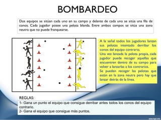 BOMBARDEO
REGLAS:
1- Gana un punto el equipo que consigue derribar antes todos los conos del equipo
contrario.
2- Gana el equipo que consigue más puntos.
A la señal todos los jugadores lanzan
sus pelotas intentado derribar los
conos del equipo contrario.
Una vez lanzada la pelota propia, cada
jugador puede recoger aquellas que
encuentren dentro de su campo para
volver a lanzarlas a los contrarios.
Se pueden recoger las pelotas que
están en la zona neutra pero hay que
lanzar detrás de la línea.
Dos equipos se sitúan cada uno en su campo y delante de cada uno se sitúa una fila de
conos. Cada jugador posee una pelota blanda. Entre ambos campos se sitúa una zona
neutra que no puede franquearse.
 