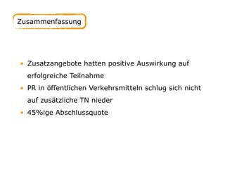 • Zusatzangebote hatten positive Auswirkung auf
erfolgreiche Teilnahme
• PR in öffentlichen Verkehrsmitteln schlug sich nicht
auf zusätzliche TN nieder
• 45%ige Abschlussquote
Zusammenfassung
 