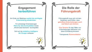 © DSAG e.V. | Seite 20 | April 2020
Engagement
herbeiführen
Die Rolle der
Führungskraft
Führungskraft muss sich mit dem
Gedanken wohl fühlen, dass
getroffene Entscheidungen auch
mal falsch sein können
Fixe Termine für das Fällen von
Entscheidungen definieren und
deren Einhaltung forcieren
Transparente Kommunikation
Am Ende von Meetings explizit die wichtigste
Entscheidung wiederholen
Für schwierige Entscheidungen
Pläne für alle Eventualitäten & das
„Worst-Case-Szenario“ durchspielen
Sich auf die kollektive Intelligenz
der Gruppe verlassen
 