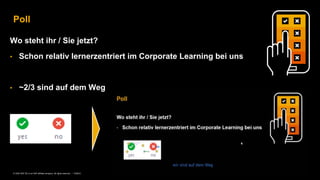 18PUBLIC© 2020 SAP SE or an SAP affiliate company. All rights reserved. ǀ
Wo steht ihr / Sie jetzt?
• Schon relativ lernerzentriert im Corporate Learning bei uns
• ~2/3 sind auf dem Weg
Poll
 