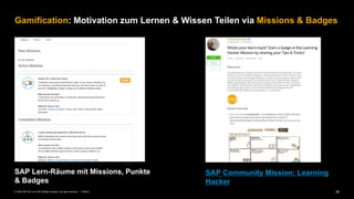 26PUBLIC© 2020 SAP SE or an SAP affiliate company. All rights reserved. ǀ
Gamification: Motivation zum Lernen & Wissen Teilen via Missions & Badges
SAP Community Mission: Learning
Hacker
SAP Lern-Räume mit Missions, Punkte
& Badges
 