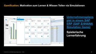 27PUBLIC© 2020 SAP SE or an SAP affiliate company. All rights reserved. ǀ
Gamification: Motivation zum Lernen & Wissen Teilen via Simulationen
Unternehmensplans
piel in einem SAP
ERP (SAP S/4HANA
Simulation Game)
Spielerische
Lernerfahrung
 