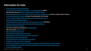 37PUBLIC© 2020 SAP SE or an SAP affiliate company. All rights reserved. ǀ
Information & Links
• Learning Experience Design Article/ Blog
• Learning Experience Management & Design - ein neues Paradigma (Artikel)
• SAP Education Newscast: Spotify / ApplePodcasts / openSAP / Google
• lernOS. Betriebssystem für Lebenslanges Lernen und Lernende Organisationen mit vielen Leitfäden (Simon Dückert)
• Learning Development Framework mit vielen Tools & Methoden (Jan Fölsing)
• J. Pine, J Gilmore (1998) on HBR.com: Welcome to the Experience Economy
• Learning Experience Market (J. Bersin)
• A peek into the future with the godfather of the Experience Economy (SAP Blog)
• Employee Experience Management – IDC Paper SAP HXM auf SAP.com
• SAP User Experience Community
• The Power of Experience Management: openSAP MOOC
• SAP Learning Hub: Demos – Trial
• SAP S/4 HANA Simulation Game
• SAP User Experience Management by KNOA
• SAP Education mit SAP LiveClass und anderen Angeboten
• SAP Add On für LXP im SAP Appcenter
• SAP Enable Now (E-Learning & Performance Support)
• Scalable Learning - ein neues Lern-Konzept?
• Der Einfluss von Machine Learning & Künstlicher Intelligenz auf Arbeiten & Lernen im Unternehmen
• Lernen bei Bedarf und im Kontext mit digitalen Assistenten: Performance Support anstatt Training
• Lernen im Digitalen Zeitalter
 