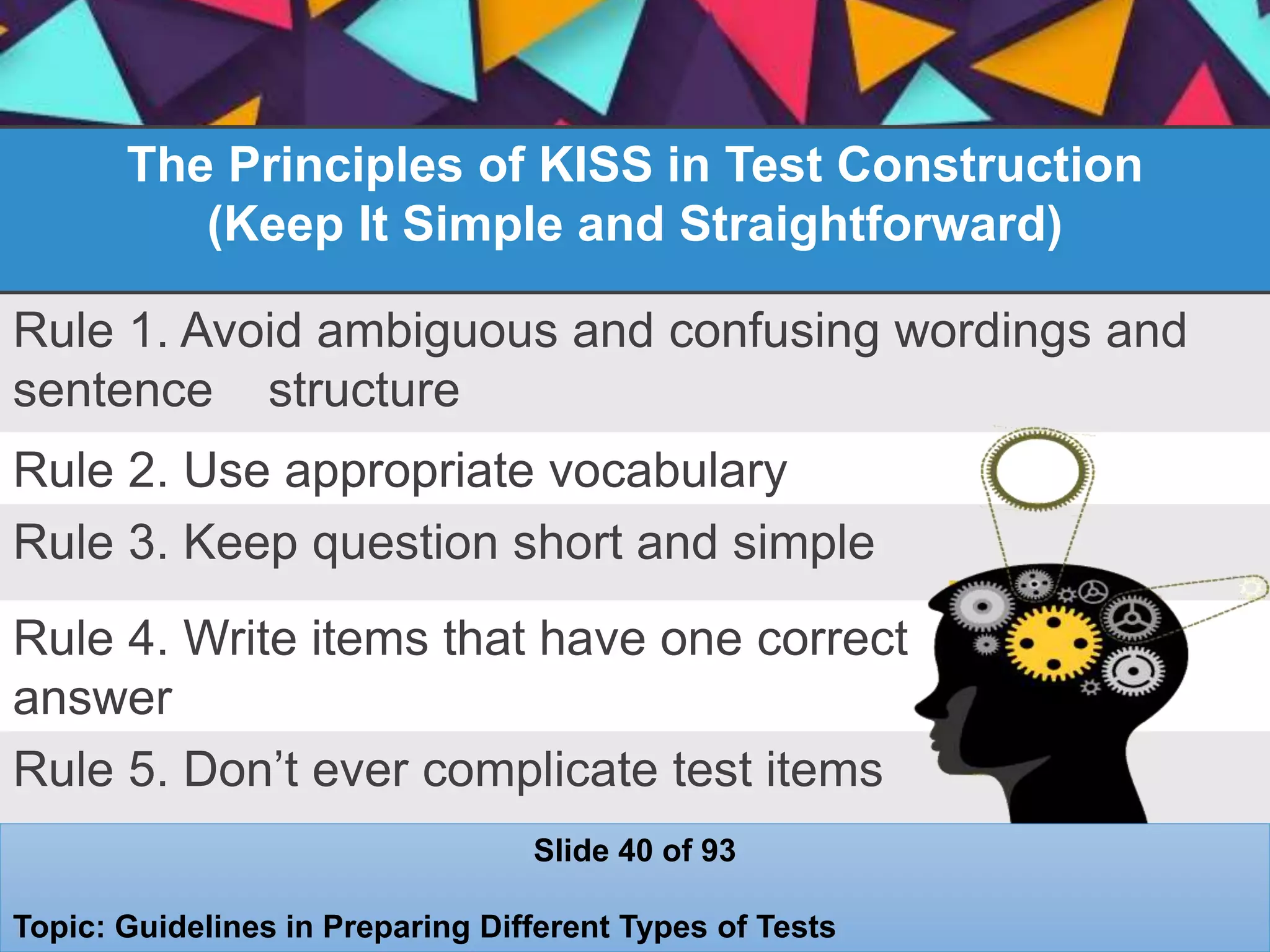 The Principles of KISS in Test Construction
(Keep It Simple and Straightforward)
Rule 1. Avoid ambiguous and confusing wordings and
sentence structure
Rule 2. Use appropriate vocabulary
Rule 3. Keep question short and simple
Rule 4. Write items that have one correct
answer
Rule 5. Don’t ever complicate test items
Slide 40 of 93
Topic: Guidelines in Preparing Different Types of Tests
 