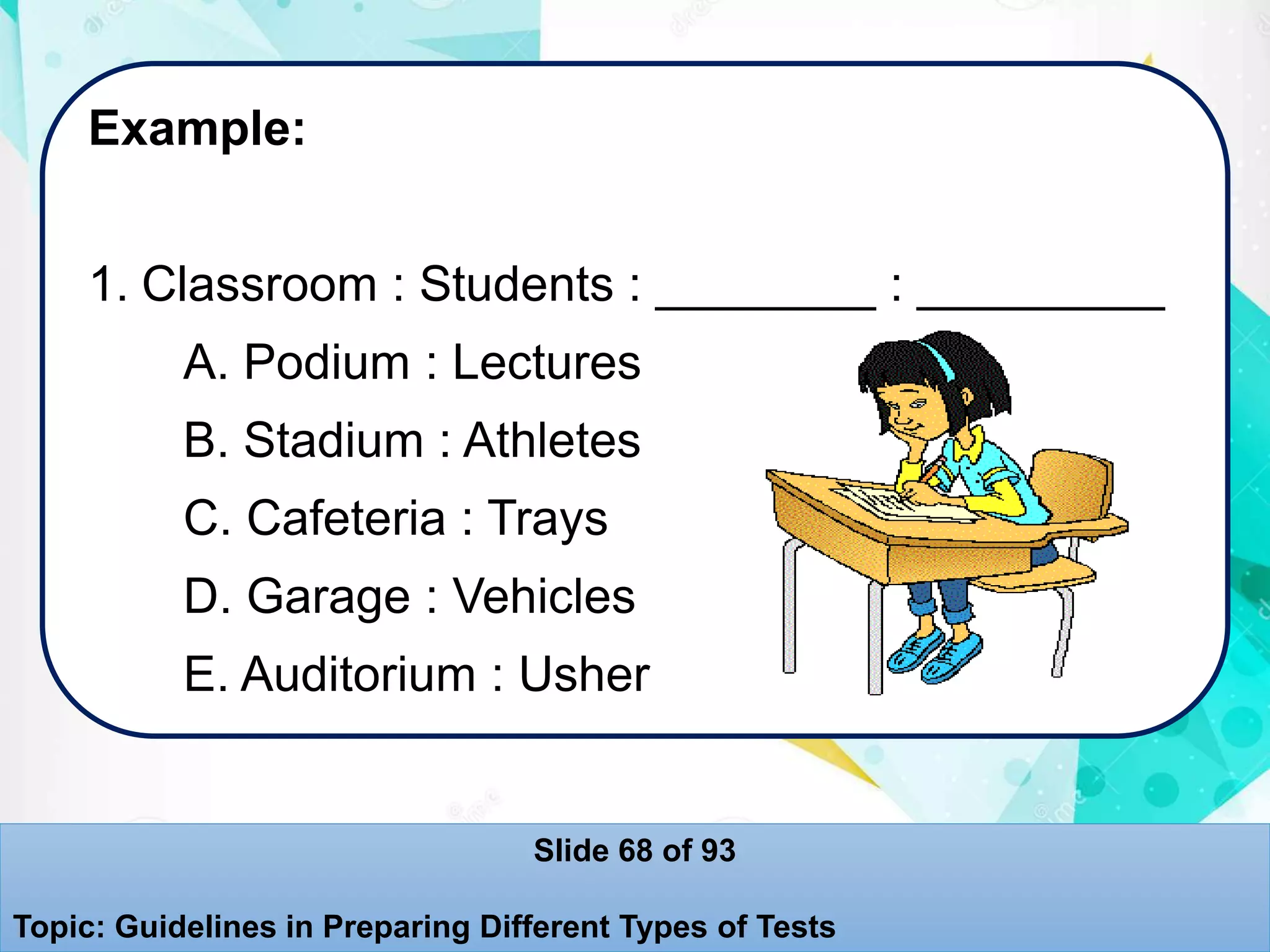Example:
1. Classroom : Students : ________ : _________
A. Podium : Lectures
B. Stadium : Athletes
C. Cafeteria : Trays
D. Garage : Vehicles
E. Auditorium : Usher
Slide 68 of 93
Topic: Guidelines in Preparing Different Types of Tests
 