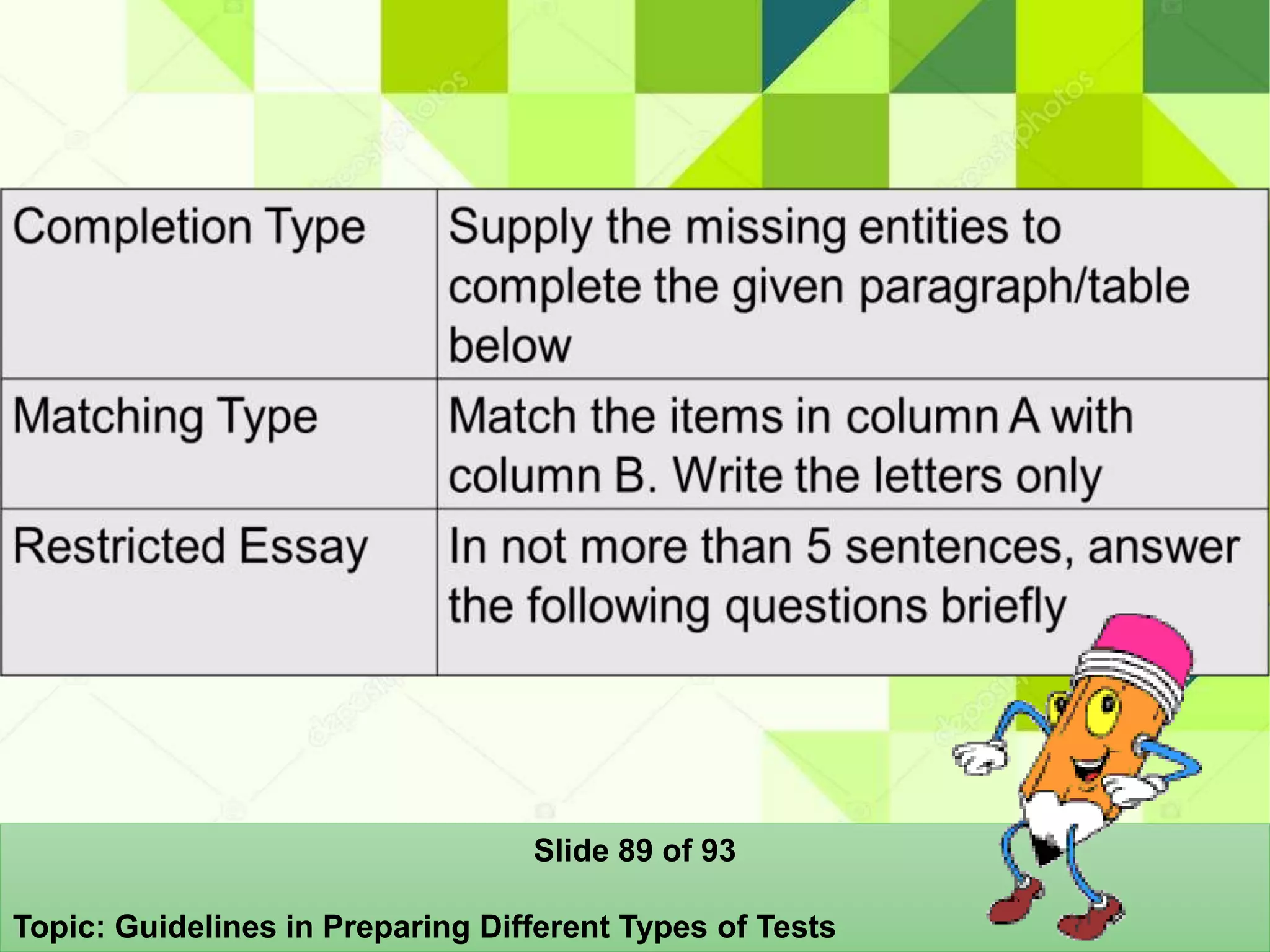 Slide 89 of 93
Topic: Guidelines in Preparing Different Types of Tests
 