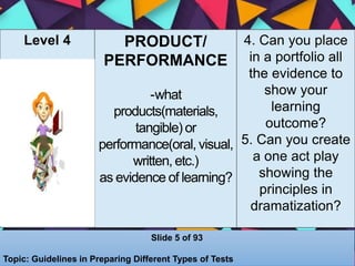 Level 4 PRODUCT/
PERFORMANCE
-what
products(materials,
tangible) or
performance(oral, visual,
written, etc.)
as evidence of learning?
4. Can you place
in a portfolio all
the evidence to
show your
learning
outcome?
5. Can you create
a one act play
showing the
principles in
dramatization?
Slide 5 of 93
Topic: Guidelines in Preparing Different Types of Tests
 
