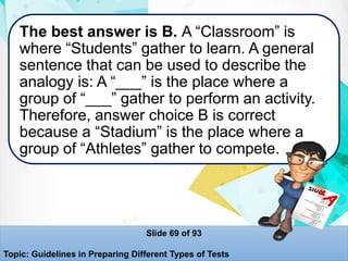 The best answer is B. A “Classroom” is
where “Students” gather to learn. A general
sentence that can be used to describe the
analogy is: A “___” is the place where a
group of “___” gather to perform an activity.
Therefore, answer choice B is correct
because a “Stadium” is the place where a
group of “Athletes” gather to compete.
Slide 69 of 93
Topic: Guidelines in Preparing Different Types of Tests
 