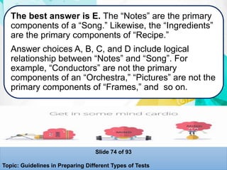 The best answer is E. The “Notes” are the primary
components of a “Song.” Likewise, the “Ingredients”
are the primary components of “Recipe.”
Answer choices A, B, C, and D include logical
relationship between “Notes” and “Song”. For
example, “Conductors” are not the primary
components of an “Orchestra,” “Pictures” are not the
primary components of “Frames,” and so on.
Slide 74 of 93
Topic: Guidelines in Preparing Different Types of Tests
 