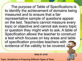 The purpose of Table of Specifications is
to identify the achievement of domains being
measured and to ensure that a fair
representative sample of questions appear
on the test. Teachers cannot measure every
topic or objective and cannot ask every topic
or question they might wish to ask. A table of
Specification allows the teacher to construct
a test which focuses on key areas and table
of specification provides teachers with
evidence of the validity to be covered.
Slide 81 of 93
Topic: Guidelines in Preparing Different Types of Tests
 