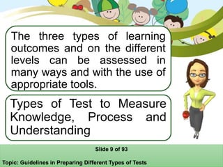 Types of Test to Measure
Knowledge, Process and
Understanding
The three types of learning
outcomes and on the different
levels can be assessed in
many ways and with the use of
appropriate tools.
Slide 9 of 93
Topic: Guidelines in Preparing Different Types of Tests
 