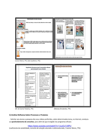 (Leonor Moniz, 7ºG, João Cavalheiro, 7ºG)
(M. do Carmo Teixeira, 7ºE) (Matvey Shrubenko, 7ºE)
C) Análise Reflexiva Sobre Processos e Produtos
- Solicitar aos alunos a pesquisa dos seus vídeos preferidos, sobre determinados tema, na Internet, conduziu
ao aprofundamento de conceitos, para além do que é exigido nos programas oficiais:
https://www.youtube.com/watch?v=1JuxCLYJ9PU
(coeficiente de solubilidade, conceito de solução saturada e sobressaturada, / Leonor Moniz, 7ºG)
PREPARAÇÃO DE UMA SOLUÇÃO
1º Utilização da balança
Medir numa balança, a massa do soluto utilizando um vidro de relógio
2º Soluto no balão volumétrico
Transferir o soluto para um balão volumétrico com o auxílio de um funil,
lavando o vidro de relógio com um pouco de água para completa remoção
do soluto
3ºAdicionar água
Adicionar água ao balão e agitar algumas vezes cuidadosamente para dissolver
completamente o soluto. Depois continuar a adicionar água com muito cuidado
até o nível da solução atingir exatamente a marca do balão
4ºTerminar a solução
Tapar o balão e homogeneizar a solução, invertendo o balão volumétrico várias vezes.
Preparação de uma solução aquosa de um soluto sólido
1. Medir numa balança a
massa do soluto num gobelé.
2. Dissolver a solução com
um pouco de água (só o
suficiente para dissolver)
com ajuda de uma vareta
de vidro.
3. Transferir a solução para o
balão volumétrico com auxílio
de um funil de vidro; lavar o
goblé e o funil com um pouco
de água para garantir
transferência total do soluto.
4. Adicionar água ao balão. 5. Quando estiver próximo
da marca usar uma pipeta
de Pasteur para não falhar
a marca do balão.
6. Tapar o balão e
homogeneizar a solução
invertendo o balão
volumétrico várias vezes.
Material: gobelé, vareta de vidro, balão volumétrico, funil de vidro; pipeta de Pasteur
Sequência de passos que é necessário efetuar
para preparar uma solução
1º Passo, Medição do
soluto:
Medir, numa balança,
a massa do soluto
utilizando um vidro de
relógio.
2º Passo, Transferir o
soluto para um balão
volumétrico:
Transferir o soluto para
um balão volumétrico
com o auxilio de um
funil, lavando o vidro
de relógio com um
pouco de água para
completa remoção do
soluto.
3º Passo, Dissolver o
soluto:
Adicionar água ao
balão e agitar
cuidadosamente para
dissolver
completamente o
soluto.
4º Passo, Adicionar o
solvente:
Por fim, adicionar água
com muito cuidado até
o nível da solução
atingir exatamente a
marca do balão.
5º Passo, Homogenizar
a solução:
Tapar o balão e
homogenizar a
solução, invertendo o
balão volumétrico
várias vezes.
1- COLOCARO SOLVENTE (ETANOL)
NUM GOBELÉ
2- JUNTAR O SOLUTO (IODO),LAVAR O
VIDRODERELÓGIO COMALGUMAS
GOTASDE SOLVENTE(USANDO O
CONTA GOTAS) EMEXERCOM A
VARETADE VIDRO
3- VERTERA MISTURAPARAO
BALÃO VOLUMÉTRICO (USANDO
O FUNIL)E ACRESCENTARO
SOLVENTEATÉ AO NÍVELA
ATINGIR
4- TAPARO BALÃO VOLUMÉTRICO E
AGITAR PARA FACILITAR A
DISSOLUÇÃO
 