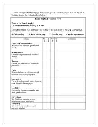 From among the board displays that you saw, pick the one that got you most interested in.
Evaluate it using the evaluation form below.
Board Display Evaluation Form
Topic of the Board Display
Location of the Board Display in School
Check the column that indicates your rating. Write comments to back up your ratings.
4- Outstanding 3- Very Satisfactory 2. Satisfactory 1- Needs Improvement
Criteria NI
1
S
2
VS
3
O
4
Comments
Effective Communication
It conveys the message quickly and
clearly
Attractiveness
Colors arrangement catch and hold
interest.
Balance
Objects are arranged, so stability is
perceived.
Unity
Repeated shapes or colors or use of
boarders hold display together.
Interactivity
The style and approach entice learners
to be involved and engaged.
Legibility
Letters and illustrations can be seen
from good distance.
Correctness
It is free from grammar errors,
misspelled words, ambiguity
Durability
It is well constructed, items and
correctly attached
 