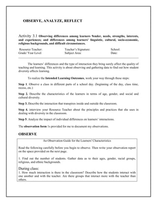 OBSERVE, ANALYZE, REFLECT
Activity 3.1 Observing differences among learners 9ender, needs, strengths, interests,
and experiences; and differences among learners' linguistic, cultural, socio-economic,
religious backgrounds, and difficult circumstances.
Resource Teacher: Teacher’s Signature: School:
Grade/ Year Level Subject Area: Date:
______________________________________________________________________________
The learners’ differences and the type of interaction they bring surely affect the quality of
teaching and learning. This activity is about observing and gathering data to find out how student
diversity affects learning.
To realize the Intended Learning Outcomes, work your way through these steps:
Step 1. Observe a class in different parts of a school day. (beginning of the day, class time,
recess, etc.)
Step 2. Describe the characteristics of the learners in terms of age, gender, and social and
cultural diversity.
Step 3. Describe the interaction that transpires inside and outside the classroom.
Step 4. interview your Resource Teacher about the principles and practices that she uses in
dealing with diversity in the classroom.
Step 5. Analyze the impact of individual differences on learners’ interactions.
The observation form 1s provided for me to document my observations.
OBSERVE
An Observation Guide for the Learners' Characteristics
Read the following carefully before you begin to observe. Then write your observation report
on the space provided on the next page.
1. Find out the number of students. Gather data as to their ages, gender, racial groups,
religious, and ethnic backgrounds.
During class:
1. How much interaction is there in the classroom? Describe how the students interact with
one another and with the teacher. Are there groups that interact more with the teacher than
others.
 