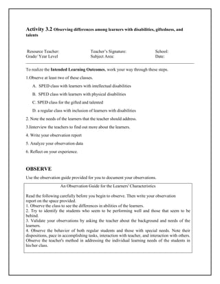 Activity 3.2 Observing differences among learners with disabilities, giftedness, and
talents
Resource Teacher: Teacher’s Signature: School:
Grade/ Year Level Subject Area: Date:
______________________________________________________________________________
To realize the Intended Learning Outcomes, work your way through these steps.
1.Observe at least two of these classes.
A. SPED class with learners with intellectual disabilities
B. SPED class with learners with physical disabilities
C. SPED class for the gifted and talented
D. a regular class with inclusion of learners with disabilities
2. Note the needs of the learners that the teacher should address.
3.Iinterview the teachers to find out more about the learners.
4. Write your observation report
5. Analyze your observation data
6. Reflect on your experience.
OBSERVE
Use the observation guide provided for you to document your observations.
An Observation Guide for the Learners' Characteristics
Read the following carefully before you begin to observe. Then write your observation
report on the space provided.
1. Observe the class to see the differences in abilities of the learners.
2. Try to identify the students who seem to be performing well and those that seem to be
behind.
3. Validate your observations by asking the teacher about the background and needs of the
learners.
4. Observe the behavior of both regular students and those with special needs. Note their
dispositions, pace in accomplishing tasks, interaction with teacher, and interaction with others.
Observe the teacher's method in addressing the individual learning needs of the students in
his/her class.
 