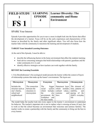 FIELD STUDY
1
FS 1
LEARNING
EPISODE
4
Learner Diversity: The
community and Home
Environment
SPARK Your Interest
Episode 4 provides opportunities for you to nave a more in-depth look into the factors that affect
the development of a learner. Focus will be on the early experiences and characteristics of the
learner as described by the family and other significant others. You will also focus how the
teacher links with the community to maximize the learning and development of students.
TARGET Your Intended Learning Outcomes
At the end of this Episode, I must be able to:
 describe the influencing factors in the home environment that affect the students learning;
 Seek advice concerning strategies that build relationships with parents/ guardians and the
wider community (6.2.1); and
 identify effective strategies on how teachers can work together with the family.
REVISIT the Learning Essentials
1. Urie Bronfenbrenner’s bio-ecological model presents the learner within the context of layers
of relationship systems that make up the leaner’s environment. The layers are:
Microsystem
Includes the
structure such as
one’s family,
school and
neighborhood
Mesosystem
The connection
between the
structures in
microsystem
Exosystem
The bigger
social system
which includes
the city
government, the
workplace and
the mass media
Macrosystem
Outermost layer
which includes
cultural values,
customs and
laws
Chronosystem
The element of
time, patterns of
stability, and
pacing of the
child’s everyday
life
The model helps the teacher look into every aspect in the learner 's environment to understand
his behavior. The teacher's important role is not to replace what is missing at home (if any), but
to work so that the school becomes an environment that welcomes and nurtures families. The
teacher works to create a partnership with the family and the community to bring out the best in
every learner.
 
