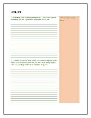 REFLECT
1. Reflect on your own development as a child, what type of
parenting did you experience, how did it affect you?
____________________________________________________
____________________________________________________
____________________________________________________
____________________________________________________
____________________________________________________
____________________________________________________
____________________________________________________
____________________________________________________
____________________________________________________
____________________________________________________
____________________________________________________
____________________________________________________
____________________________________________________
____________________________________________________
____________________________________________________
____________________________________________________
____________________________________________________
2. As a future teacher, how would you establish a good home-
school collaboration? How can you work well with parents?
How can you help them? How can they help you?
____________________________________________________
____________________________________________________
____________________________________________________
____________________________________________________
____________________________________________________
____________________________________________________
____________________________________________________
____________________________________________________
____________________________________________________
____________________________________________________
____________________________________________________
____________________________________________________
____________________________________________________
____________________________________________________
____________________________________________________
____________________________________________________
Write your notes
here…
 
