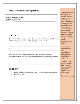 Write your observation report here.
ANALYZE
How do the school campus and the classroom in particular impact the learning
of the students going to school. What are your conclusions?
______________________________________________________________
_
______________________________________________________________
How does this relate to your knowledge of the child and adolescent
development/ How does this relate to your knowledge of facilitating learning
____________________________________________________________________
____________________________________________________________________
_________________________________________________
REFLECT
1. Would you like to teach in the school environment you just observed?
Why? Why not?
The breaking down
of information
materials into their
component parts,
examining (and
trying to understand
the organizational
structure of) such
information to
develop divergent
conclusions by
identifying motives
or causes, making
inferences, and/or
finding evidence to
support
generalizations. It
involves:
- seeing patterns
-organization of
parts
-recognition of
hidden meanings
-identification of
components
-Questions Cues:
Analyze, separate,
order, explain,
connect, classify,
arrange, divide,
compare, select,
explain, infer
(Blooms Taxonomy)
Name of School Observed: _______________________________________
Location of the School: __________________________________________
Date to Visit: ___________________________________________________
 