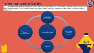 SHOW Your Learning Artifacts
With the principle of individual differences in mind, what methods and strategies will you remember in the future to ensure that you will be
able to meet the needs of the high and low achievers in your class? Make a collection of strategies on how to address the students’ different
ability levels.
Methods/Strategies
Know your
students and
their capabilities.
Do not expect
uniformity of
students.
Be flexible.
Expect a diverse
type of
classroom/students.
 