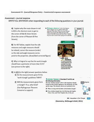 Assessment #4 – Journal Response Entry – Constructed response assessment
(Geometry, McDougal-Littell, 2011)
 