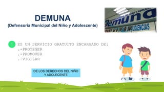 1
DEMUNA
(Defensoría Municipal del Niño y Adolescente)
DE LOS DERECHOS DEL NIÑO
Y ADOLECENTE
 