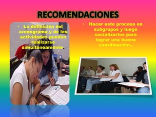 • La definición del
cronograma y de las
actividades pueden
realizarse
simultáneamente.
• Hacer este proceso en
subgrupos y luego
socializarlos para
lograr una buena
coordinación..
 