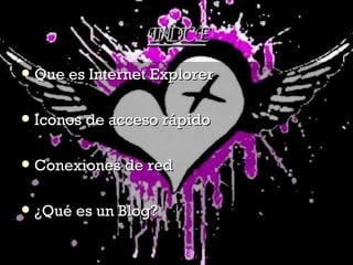 Que es Internet Explorer Iconos de acceso rápido Conexiones de red ¿Qué es un Blog? INDICE 